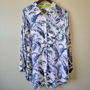 Soft Surroundings White Blue Tropical Floral Long Sleeve Collar Tunic Blouse XL